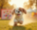 Fluffy toy dog joyfully running on grass. Blurred sign in background reads, "Stick Out Your Tongue Day." Sunny setting creates warm ambiance.