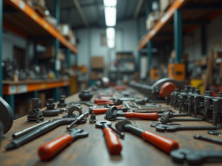 A workshop table covered with various hand tools, including wrenches and pliers, inside an industrial warehouse with shelves of equipment in the background.
