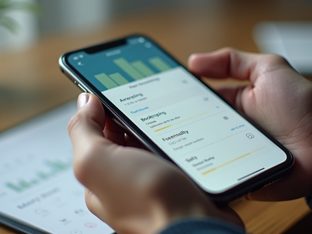 Hand holding a smartphone displaying financial reports and graphs on the screen