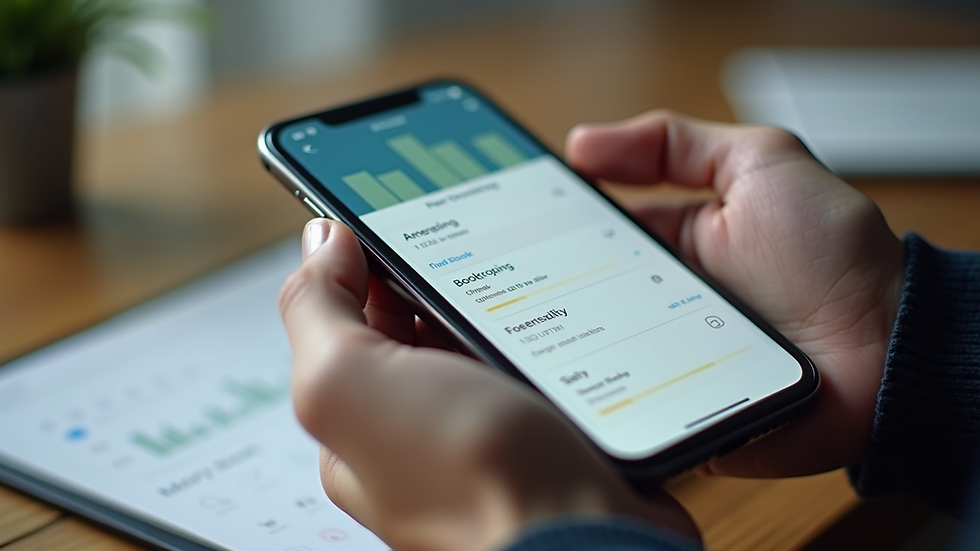 High angle view of a mobile device displaying bookkeeping app features