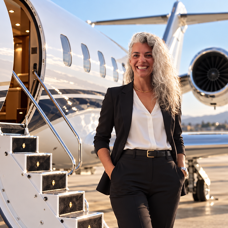 Lara Clare in black suit by an aircraft.png