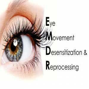 A close-up of an eye with long eyelashes next to the acronym EMDR, representing Eye Movement Desensitization and Reprocessing, a therapeutic approach for processing traumatic memories.