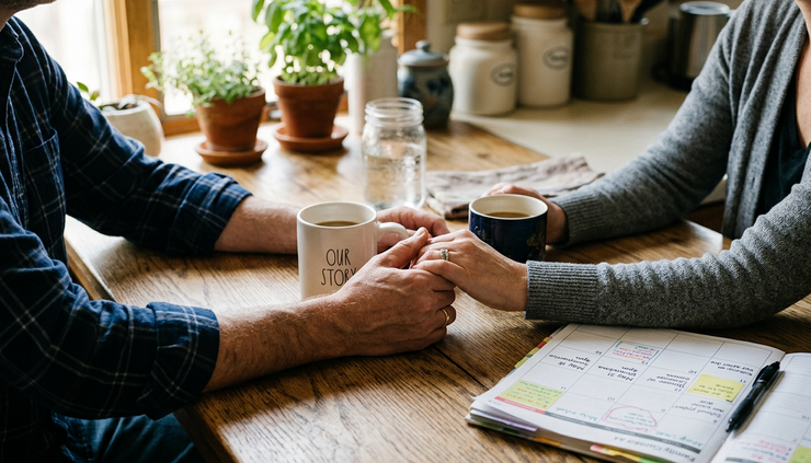 Close-up view of two parents holding hands at a kitchen table