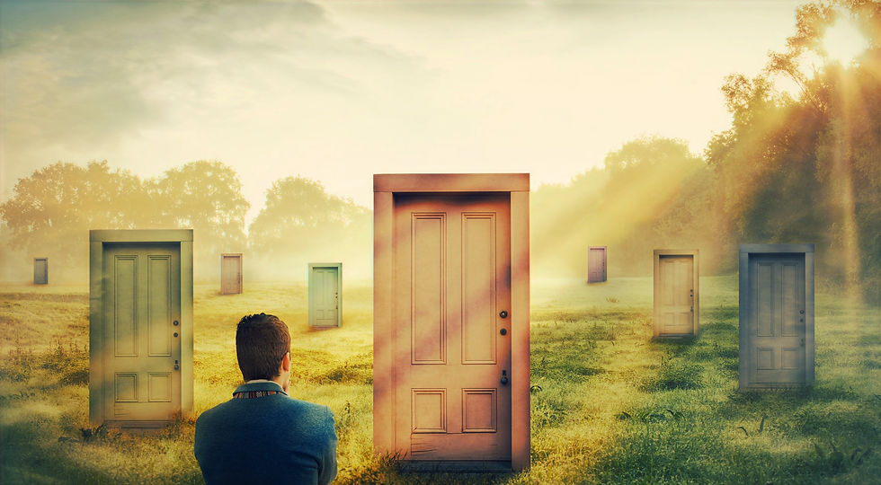 Man staring at doors representing different types of therapy deciding whether to choose CBT
