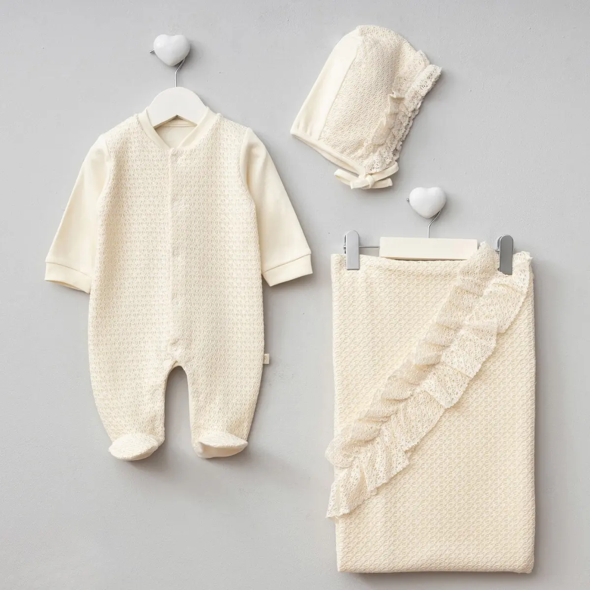Elegant Baby Girl 3-Piece Romper, Bonnet & Blanket Set