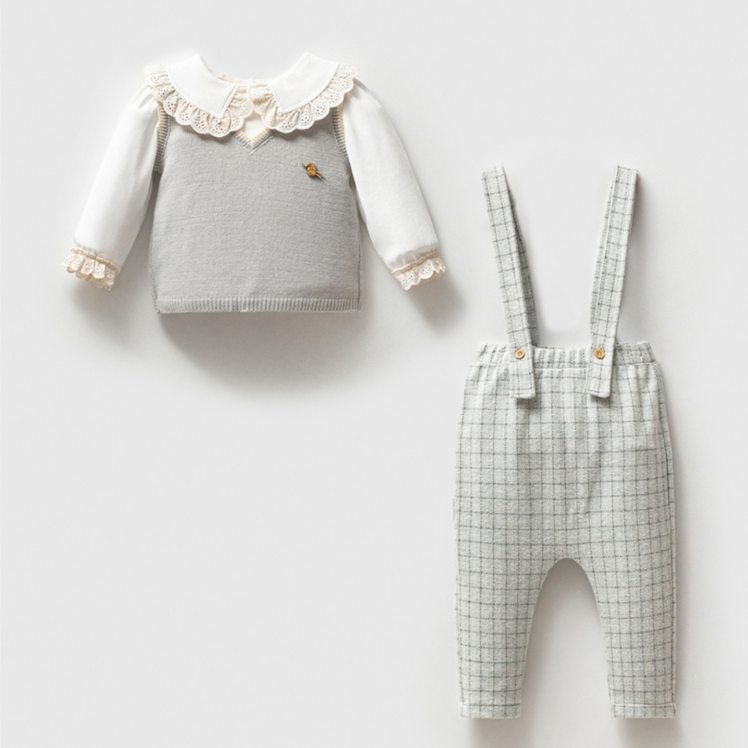A Pack of Four Sizes Baby Girl 3-Piece Outfit Set|Lace Collar Blouse,Knit Vest