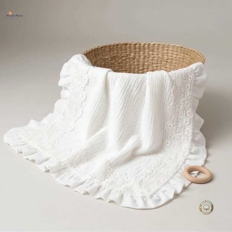 Luxury Organic Cotton Muslin Baby Blanket with Lace Trim
