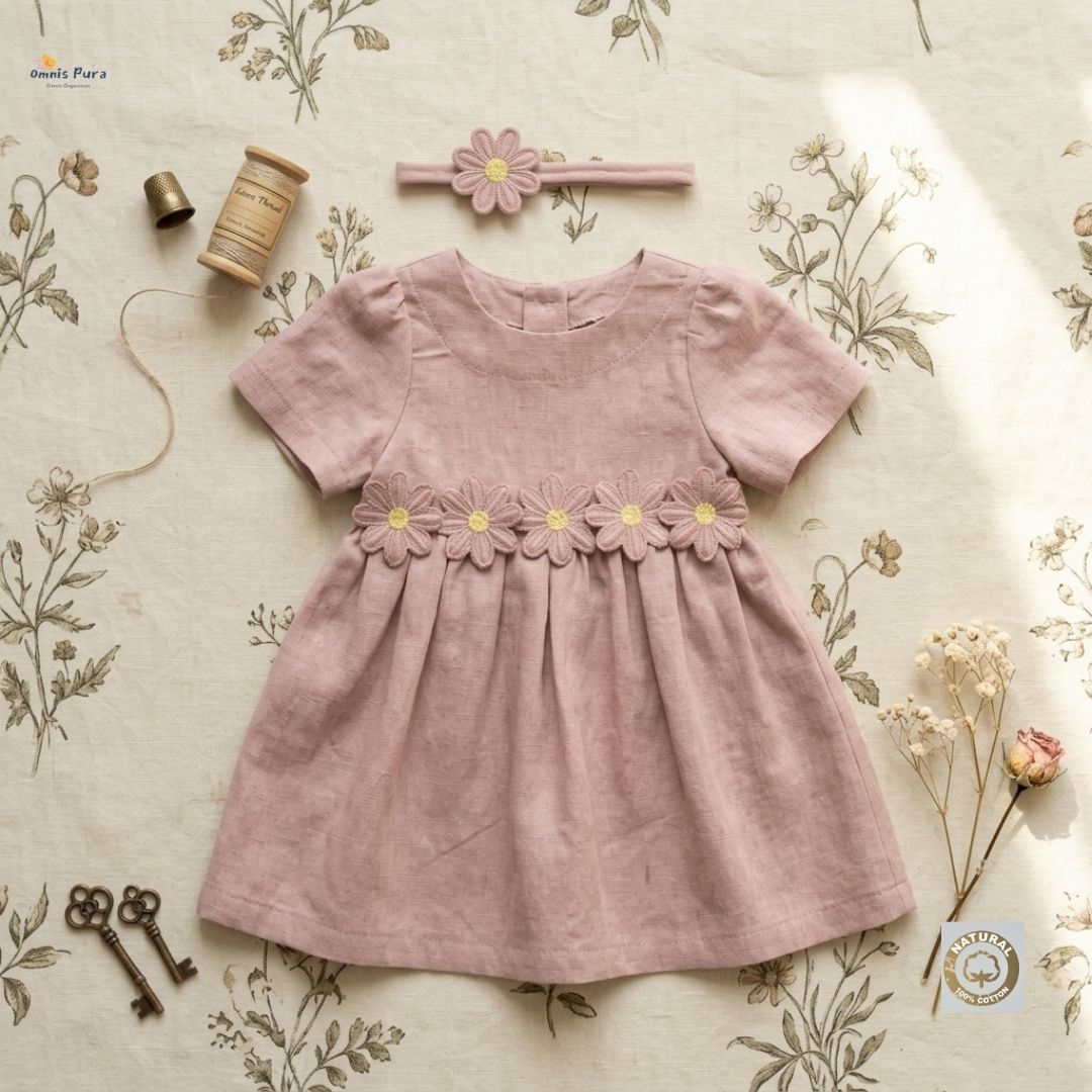 A Pack of Four Sizes Linen Flower-Embroidered Toddler Dress-6-18M