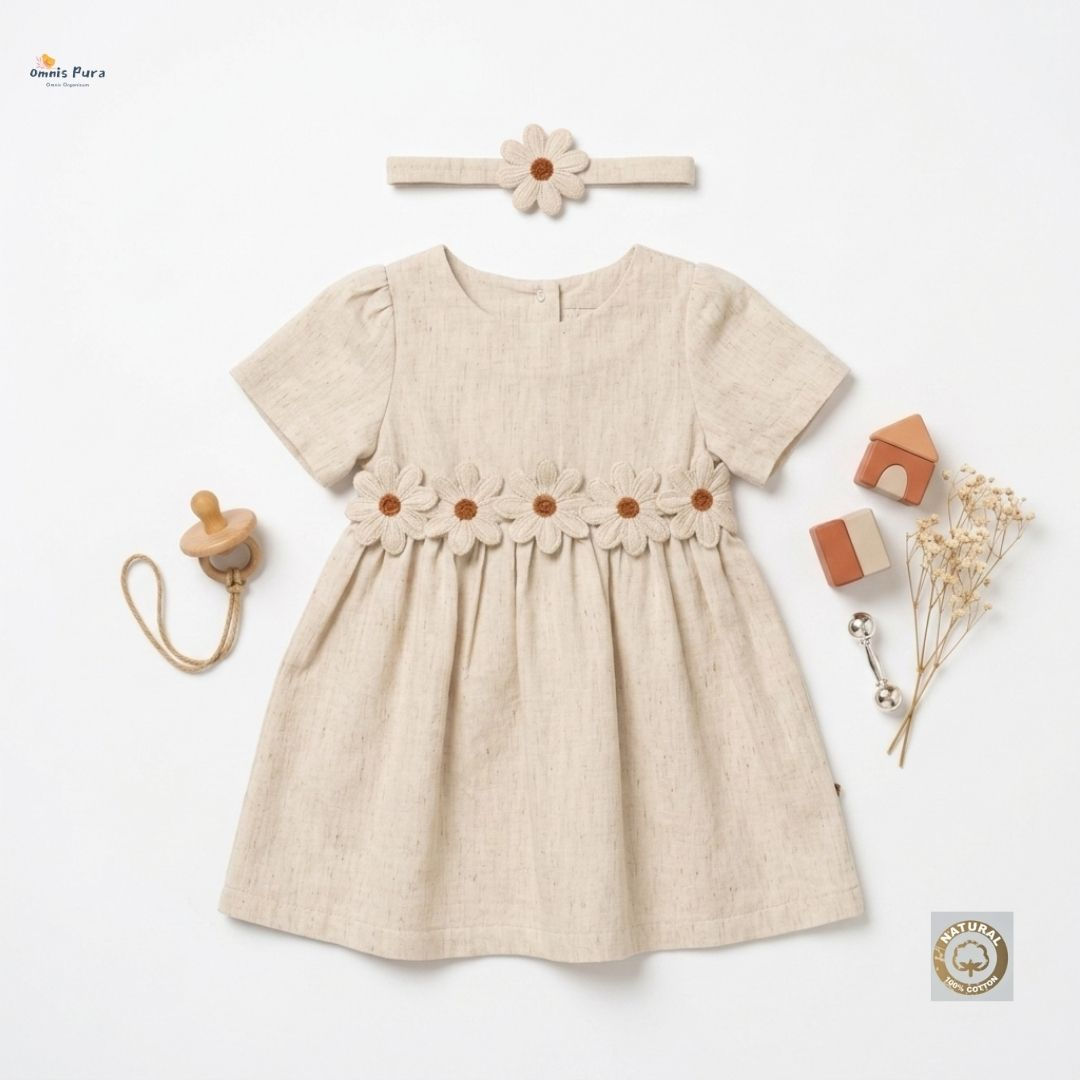 A Pack of Four Sizes Linen Flower-Embroidered Toddler Dress-6-18M