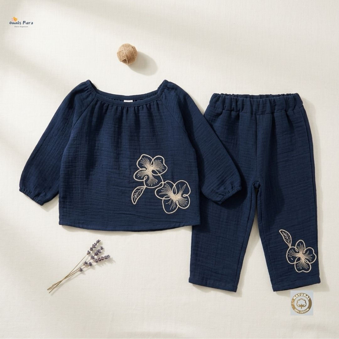 A Pack of Four Sizes Toddler Girls 2-Pcs Muslin Set–Embroidered Top and Pants