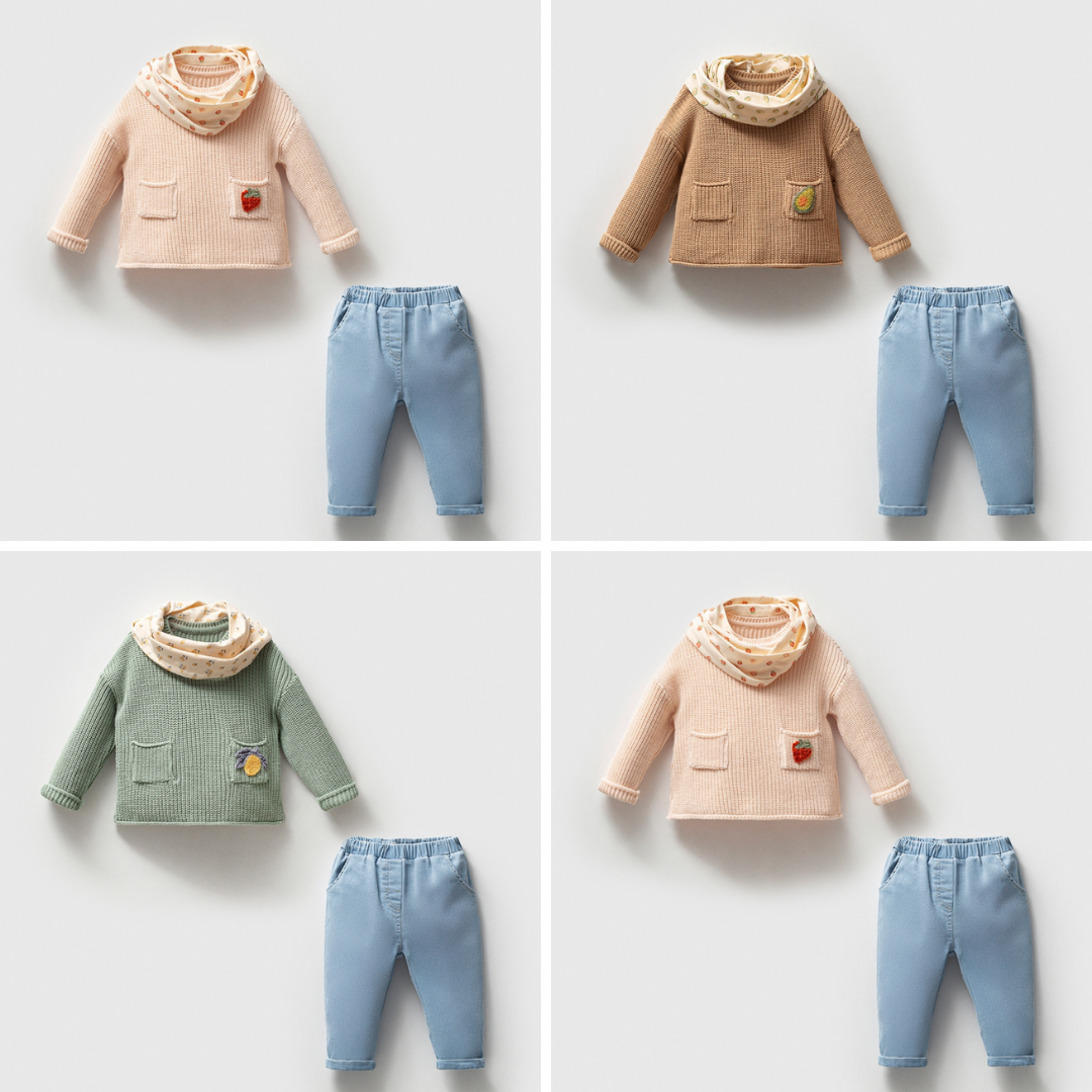 A Pack of four Sizes Girls 3-Pcs Outfit Set,Cotton-Rich Knit Sweater&Denim Pants