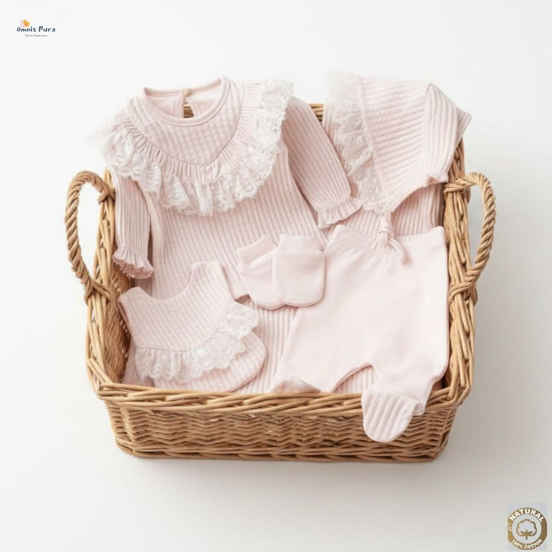A Pack of Two Sizes Baby Girl Jacquard Romper with Picot-Trim Collar 5 Pcs Set