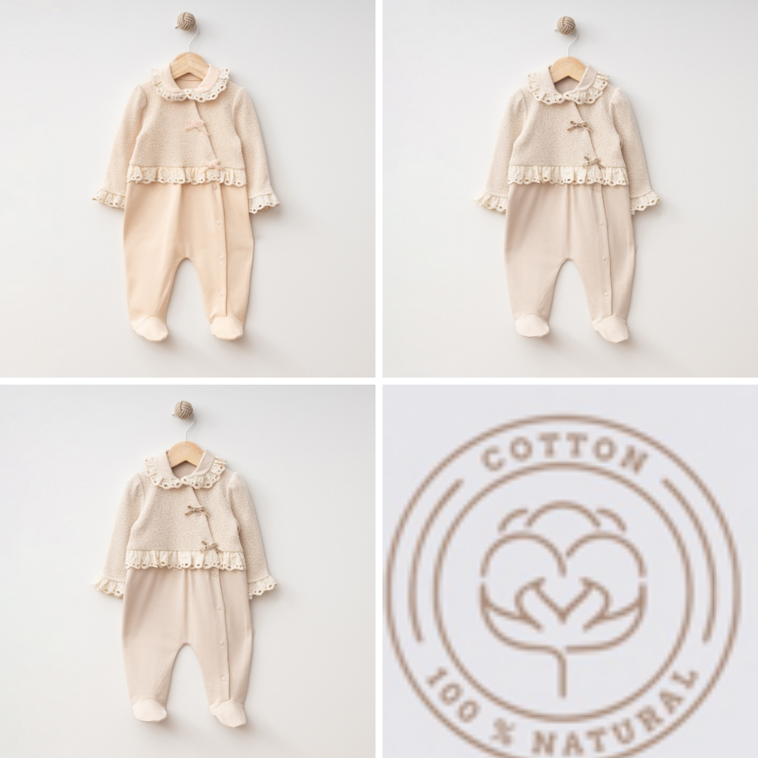A Pack of Four Sizes Embroidered Knit Baby Girl Footed Romper with Lace