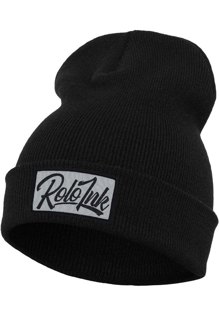 Miniaturbild: Long Beanie mit grauen Rolo Ink Patch in schwarz