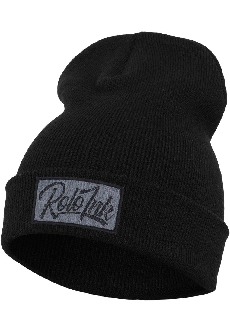 Miniaturbild: Long Beanie mit roten Rolo Ink Patch in schwarz