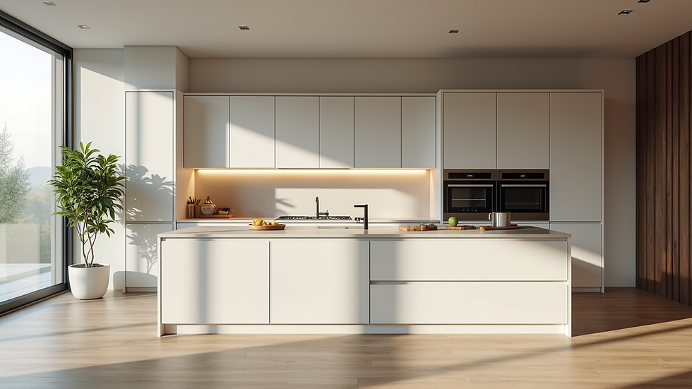 Vista de una cocina moderna y luminosa con una isla central