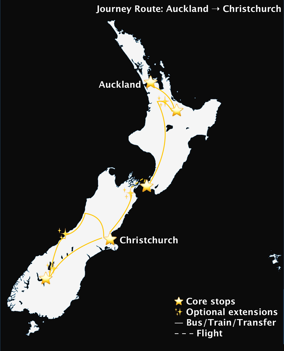 Illustrated route map of the Gathering with Matariki journey across Aotearoa New Zealand, highlighting stops from Auckland, Rotorua, Wellington, and Christchurch through to Queenstown.