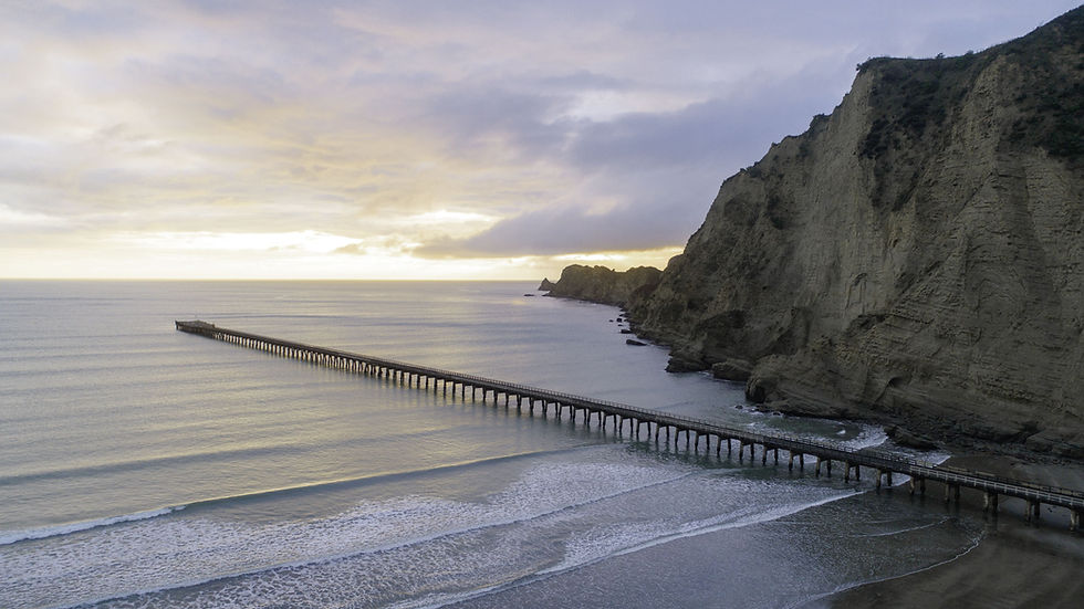 Thumbnail: The long Tolaga Bay Wharf pier extends into a calm sea, with gentle waves washing onto a sandy beach. Towering cliffs behind.