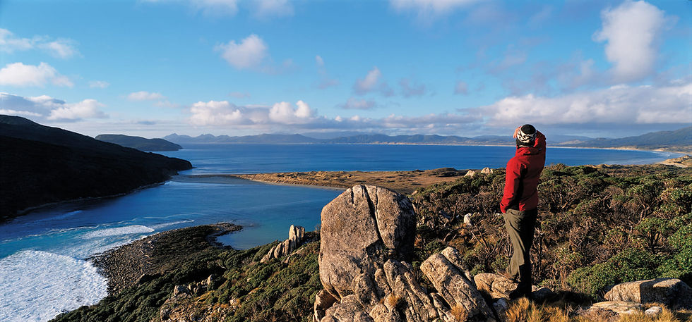 Thumbnail: A person in a red jacket and beanie stands on rocky terrain, overlooking the vast beauty of Rakiura National Parks blue ocean