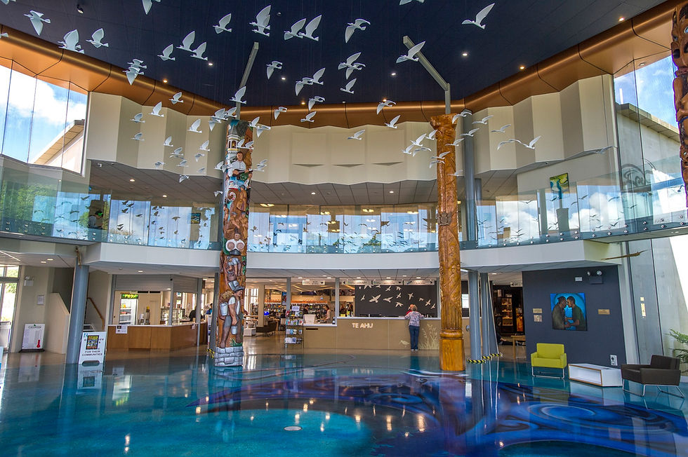 Thumbnail: The spacious interior of Te Ahu Centre in Kaitaia, featuring a high ceiling adorned with an impressive large ceiling light.
