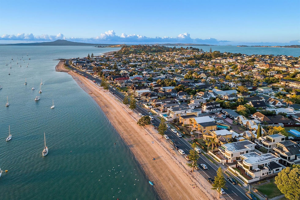 Aerial view over Bucklands Beach with Rangitoto Island volcano in the distance