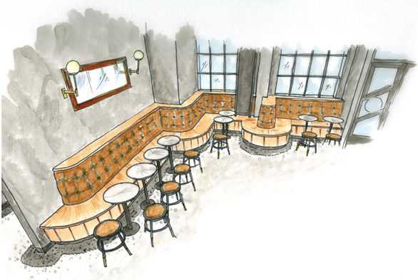 Sightglass on 20th architectural renderings of custom seating areas with material concepts and detailing. 