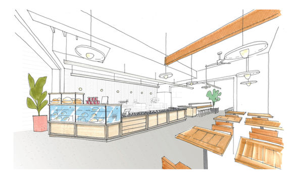 Tartine Inner Sunset pastry case and POS architectural rendering with material concepts.