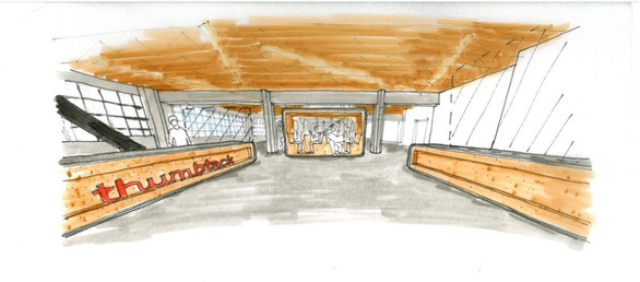 Thumbtack HQ architectural rendering of entry space, bike parking lounge and play areas. 