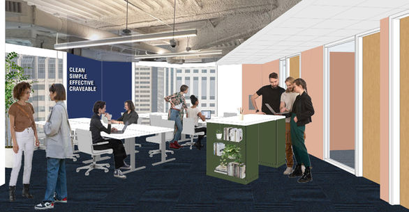 Native SF schematic interior renders with warm complimentary palette inspired by their growing portfolio of scents and social areas and Native blue for quiet focused areas. 