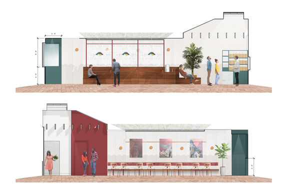 Mamahuhu Clement interior elevation rendering with material concepts and detailing.