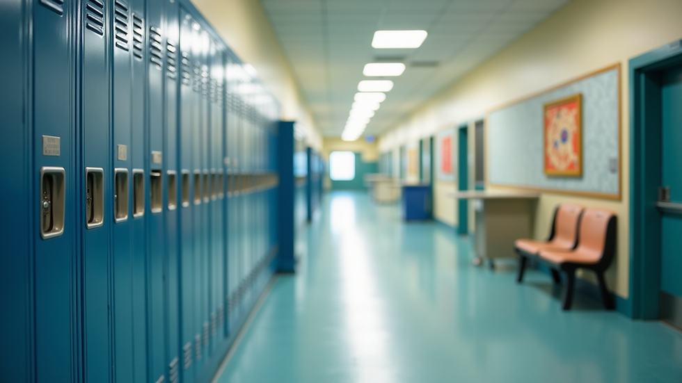 Eye-level view of a clean and organized school hallway