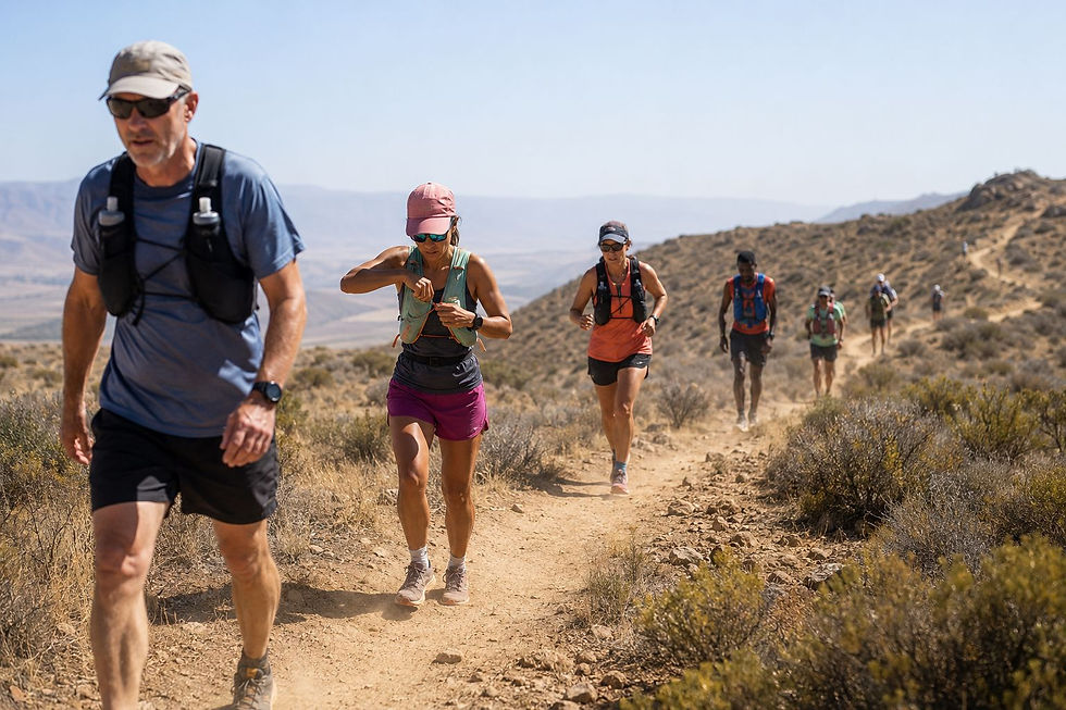 Group of trail runners hike a dusty desert ridge under a bright sky, wearing hydration vests and caps.