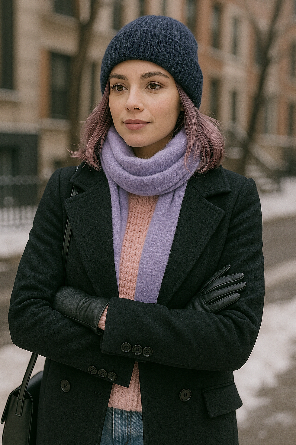 A woman in a dark coat, lavender scarf, and navy beanie stands outdoors on a snowy street, looking relaxed and content.