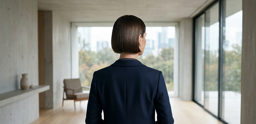 Person in a navy blazer stands in a modern room with concrete walls and large windows overlooking trees. A chair and vase are visible.