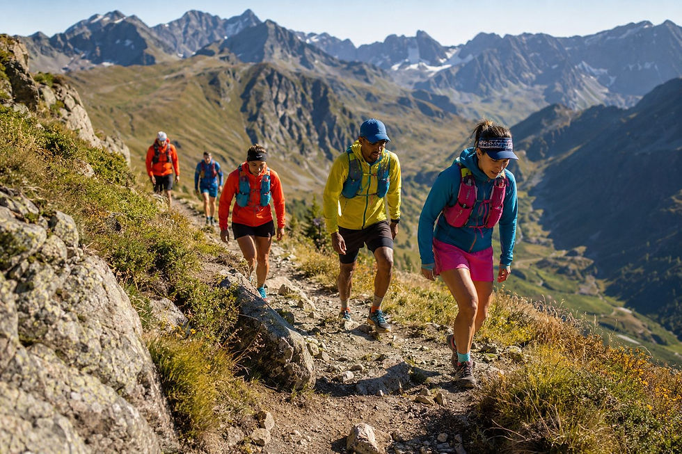 Cinq randonneurs colorés montent un sentier rocheux en montagne, avec vallées et sommets en arrière-plan.