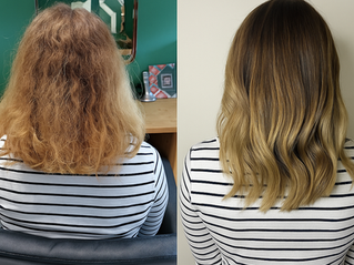 Left: Frizzy, curly blonde hair on a woman in a striped shirt in front of a mirror. Right: Smooth, wavy hair transformation in a light room.