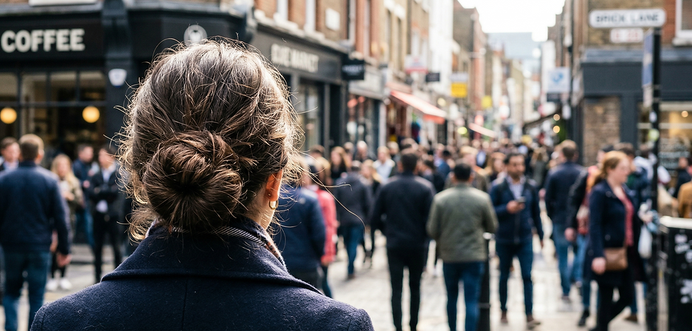 Person with bun stands in busy street. Crowd walks past shops with "COFFEE," signage. Urban setting, lively atmosphere.