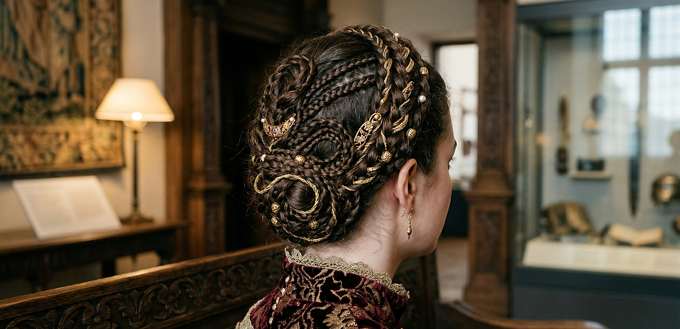 Elaborate braided hairstyle with gold accessories on a person in a historic room with tapestries, a lamp, and museum displays. Quiet ambiance.