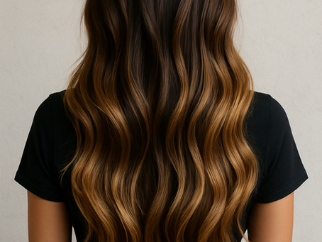 Woman with long, wavy, dark brown hair with golden highlights, wearing a black shirt, standing against a plain light background.