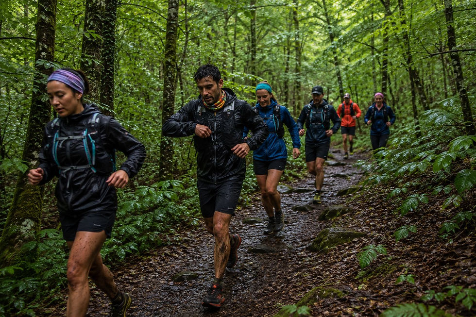 Cinq randonneurs courent sur un sentier boueux en forêt tropicale, sous la pluie, avec vestes colorées et sacs.