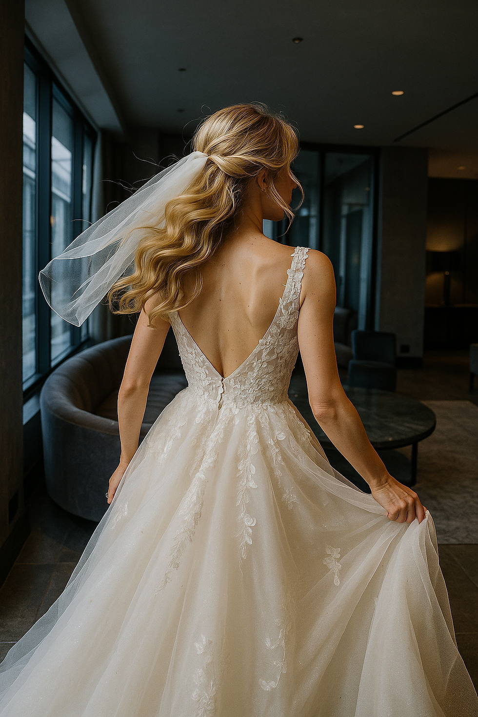 Bride in elegant white gown with lace details, holding her dress while walking in a dimly lit room with large windows; serene mood.