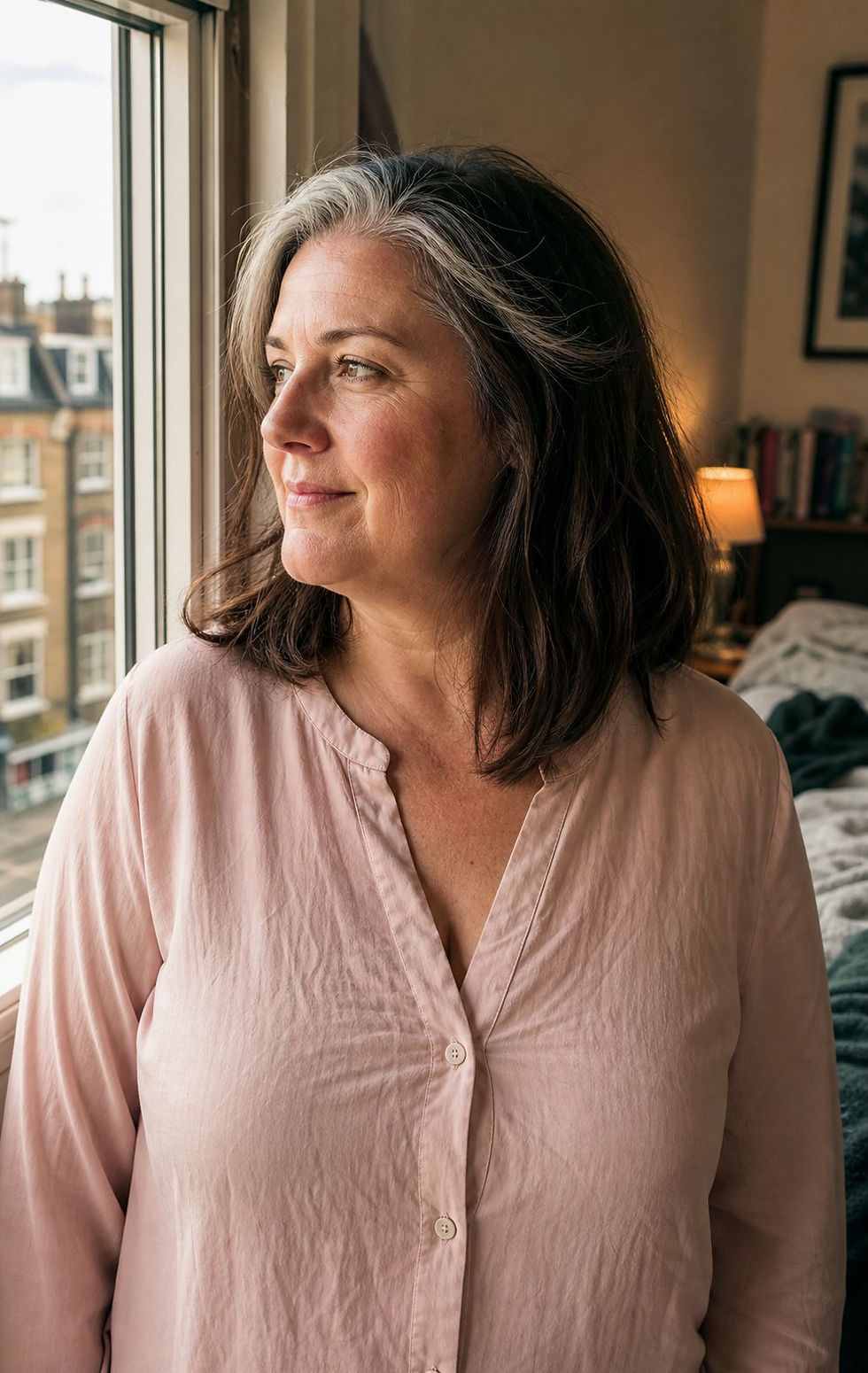 Middle-aged woman in a pink blouse gazes out a window in a cozy bedroom, with city buildings outside.