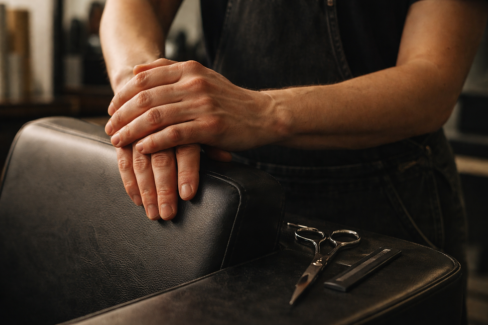 Hands resting on a black barber chair, scissors and comb beside. Person in dark apron. Warm lighting, creating a calm atmosphere.