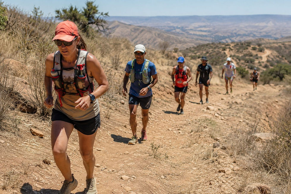 Randonneurs-coureurs sur un sentier aride de montagne, casquettes et sacs d’hydratation, sous un soleil écrasant.