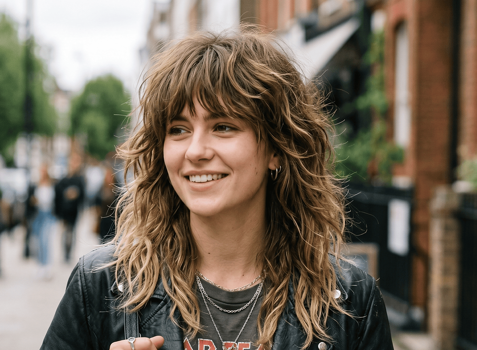 Smiling person with wavy hair and leather jacket walks on a city street. Blurred brick buildings and greenery in the background. Casual mood.