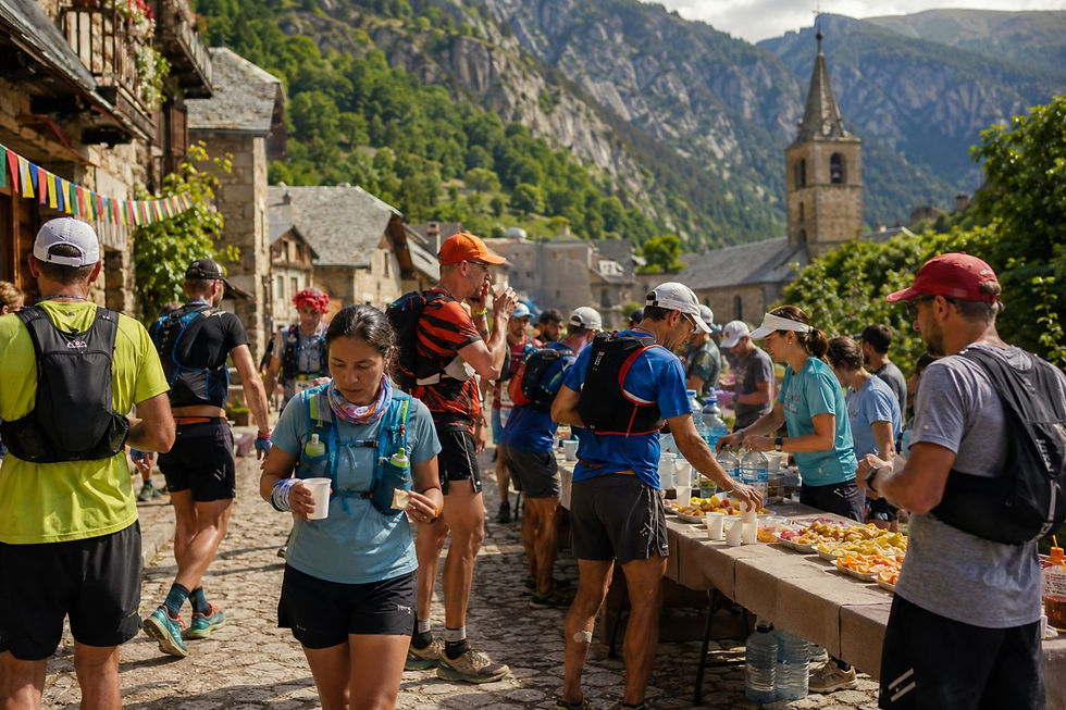Ravitaillement de randonneurs dans un village de montagne, près d’une église, avec montagnes verdoyantes en arrière-plan.