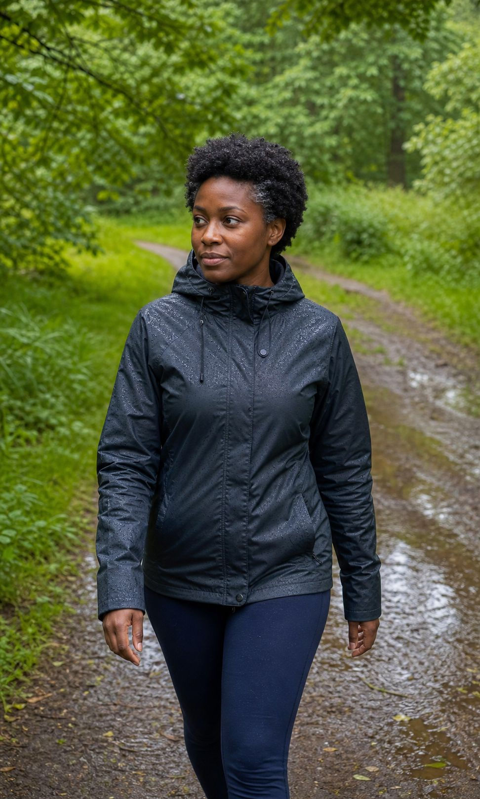 Woman in a black rain jacket walks along a muddy forest trail, surrounded by lush green trees.