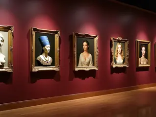 Exhibition room with seven framed portraits on a maroon wall. Busts and colorful paintings create a serene atmosphere. Wooden floor.