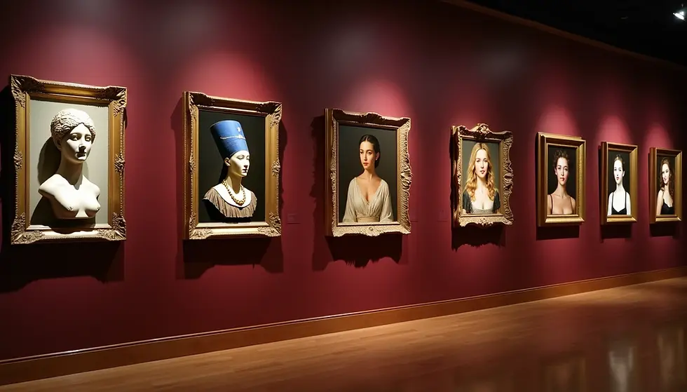 Exhibition room with seven framed portraits on a maroon wall. Busts and colorful paintings create a serene atmosphere. Wooden floor.