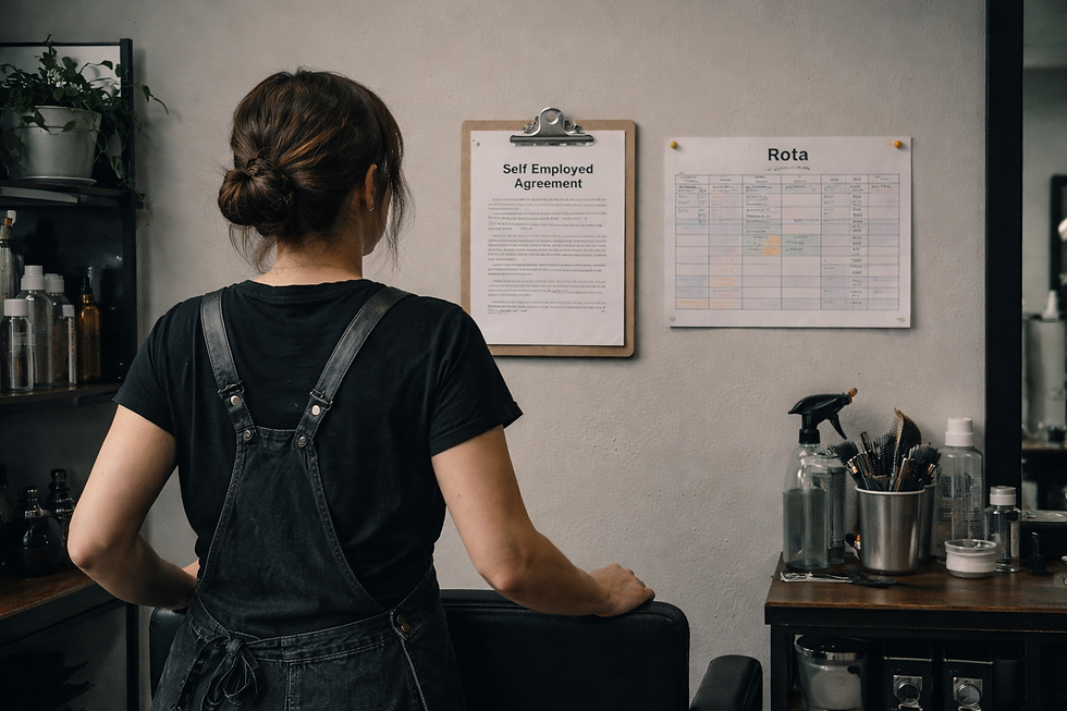 Woman in a black apron stands facing a wall with a "Self Employed Agreement" and "Rota" papers. Hair tools are on a nearby shelf.